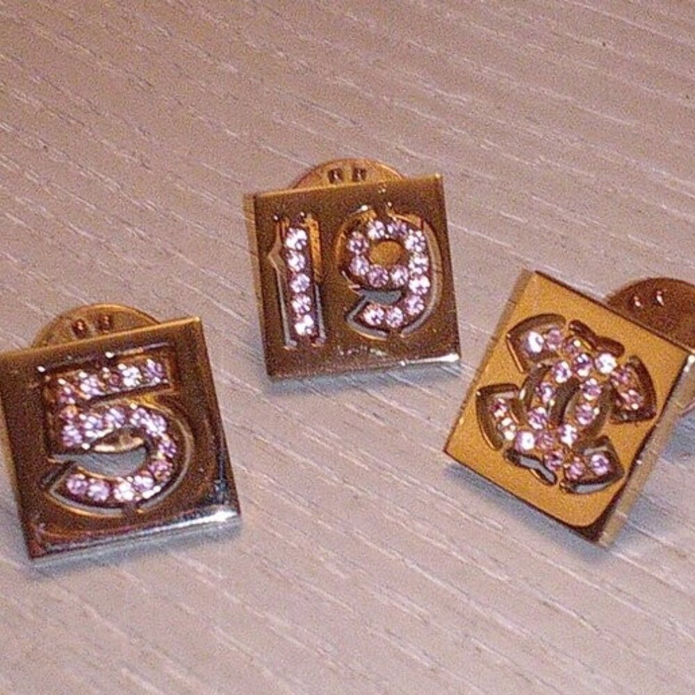 Chanel SET of 3 Pink Gold Pins with COA Legit Grails Pink Crystal and Light Gold